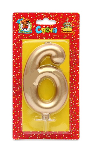 Свеча для торта 'Цифра 6. Золотой металлик' Миленд, картон. уп., европодвес, С-1868