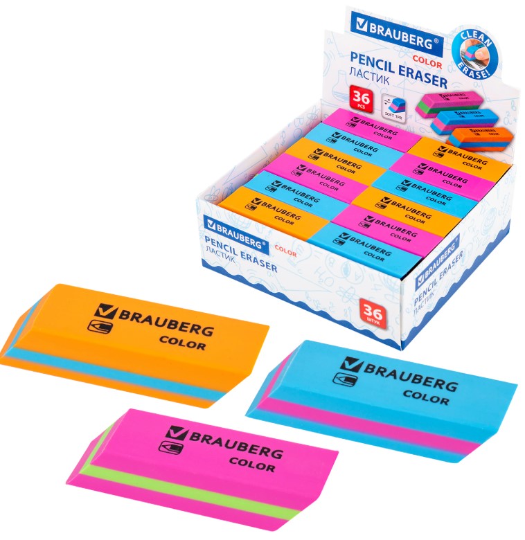 Ластик BRAUBERG "Color", 55х15х13 мм, прямоугольный, скошенный, яркие цвета ассорти, 272671