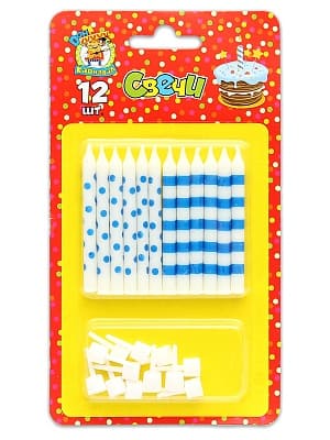 Свечи для торта с подставками 'Точки и полосы' голубые, (12 шт;уп), европодвес, C-0458