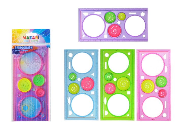 Спирограф, в комплекте- линейка-калейдоскоп 20 см, 3 круглых вкладыша разного размера, M-5569