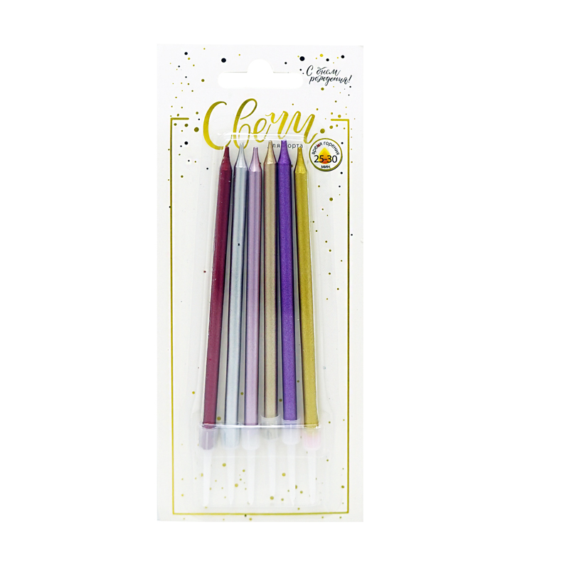 Свечи тортовые классические 'Металл' Макаронс (ассорти) с держ, 6 шт;10 см, 183552