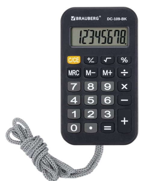 Калькулятор карманный со шнурком BRAUBERG DC-109-BK (61x110 мм), 8 разрядов, ЧЕРНЫЙ, 272642