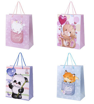 Пакет подарочный (1 штука) 26х13х32 см (L), "Lovely Animals", ассорти, глиттер, 700816